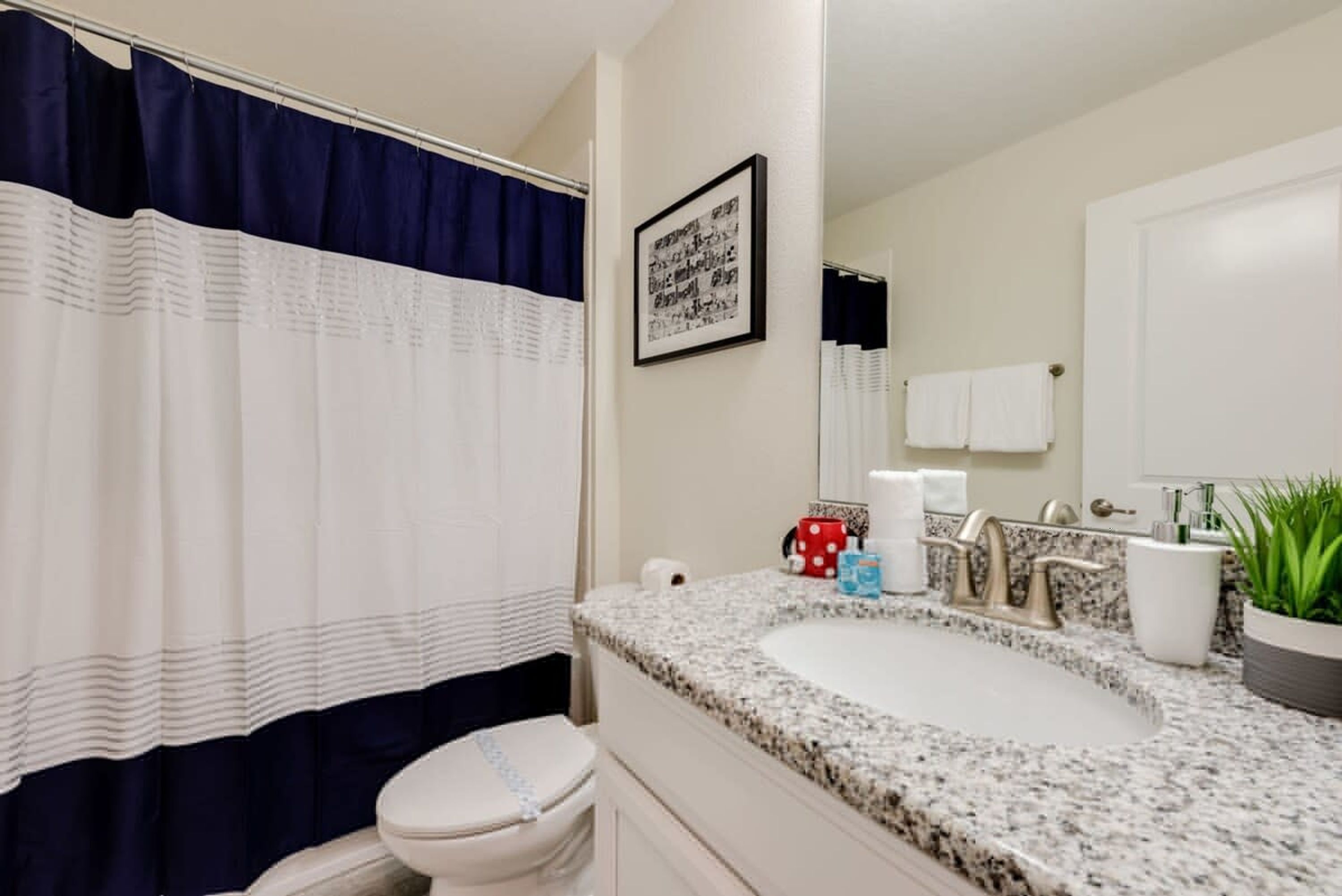 A bathroom with a white sink, a mirror, a towel rack, and a shower curtain.