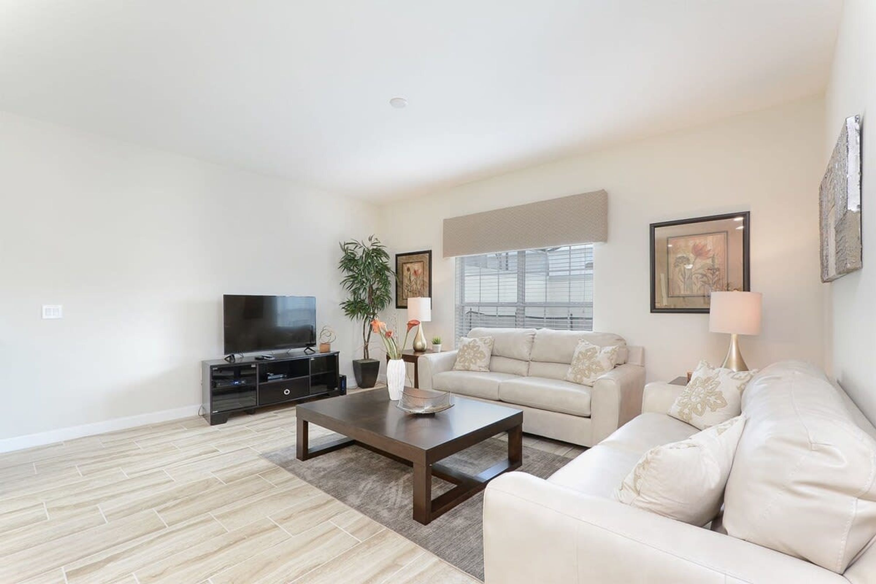 A living room with a flat-screen TV, a sofa, a coffee table, and a potted plant.