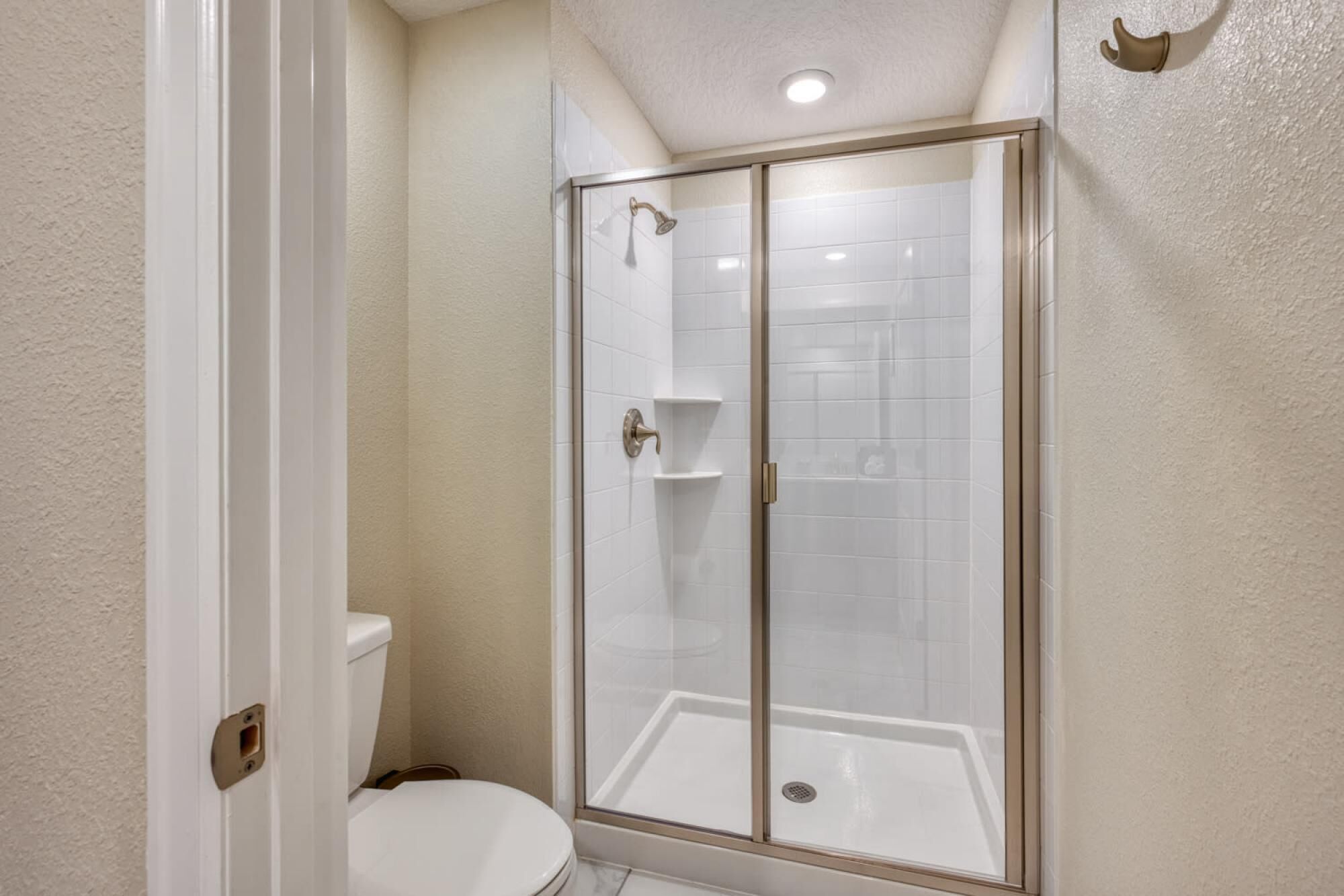 Dusche mit Glastür, Toilette und weiß geflieste Wand.