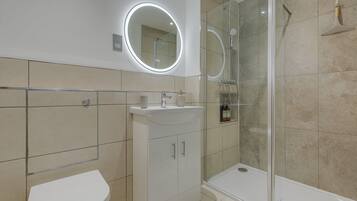 Shower, hair dryer, towels