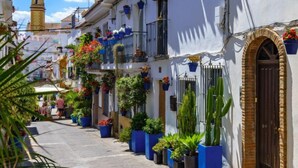A narrow street lined with white buildings, some with balconies adorned with potted plants. - Alborán by Interhome (Estepona)