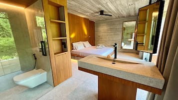 Shower, rainfall showerhead, eco-friendly toiletries, hair dryer