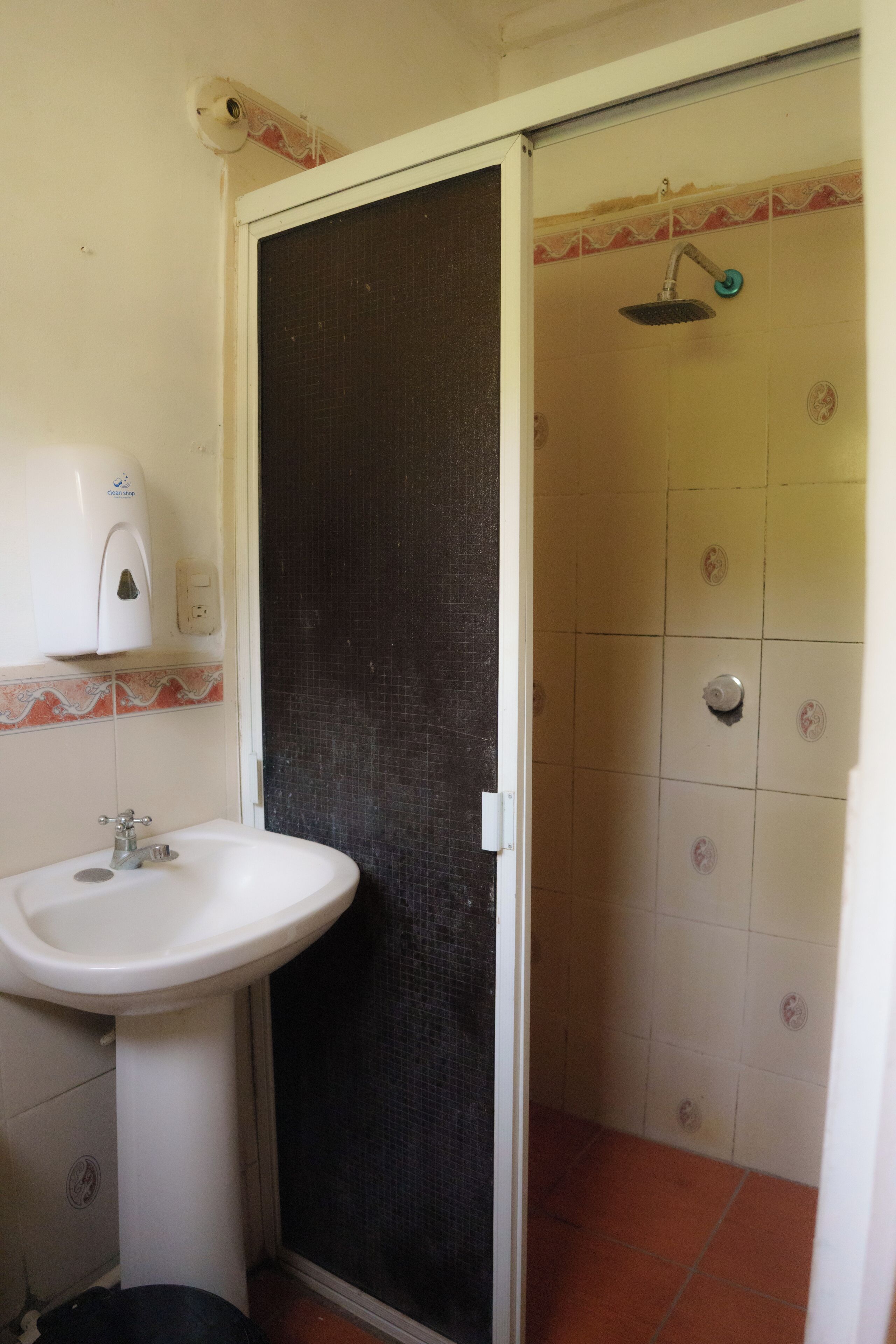 Een badkamer met een wit wastafelmeubel, een douche met glazen deur en een zeepdispenser.