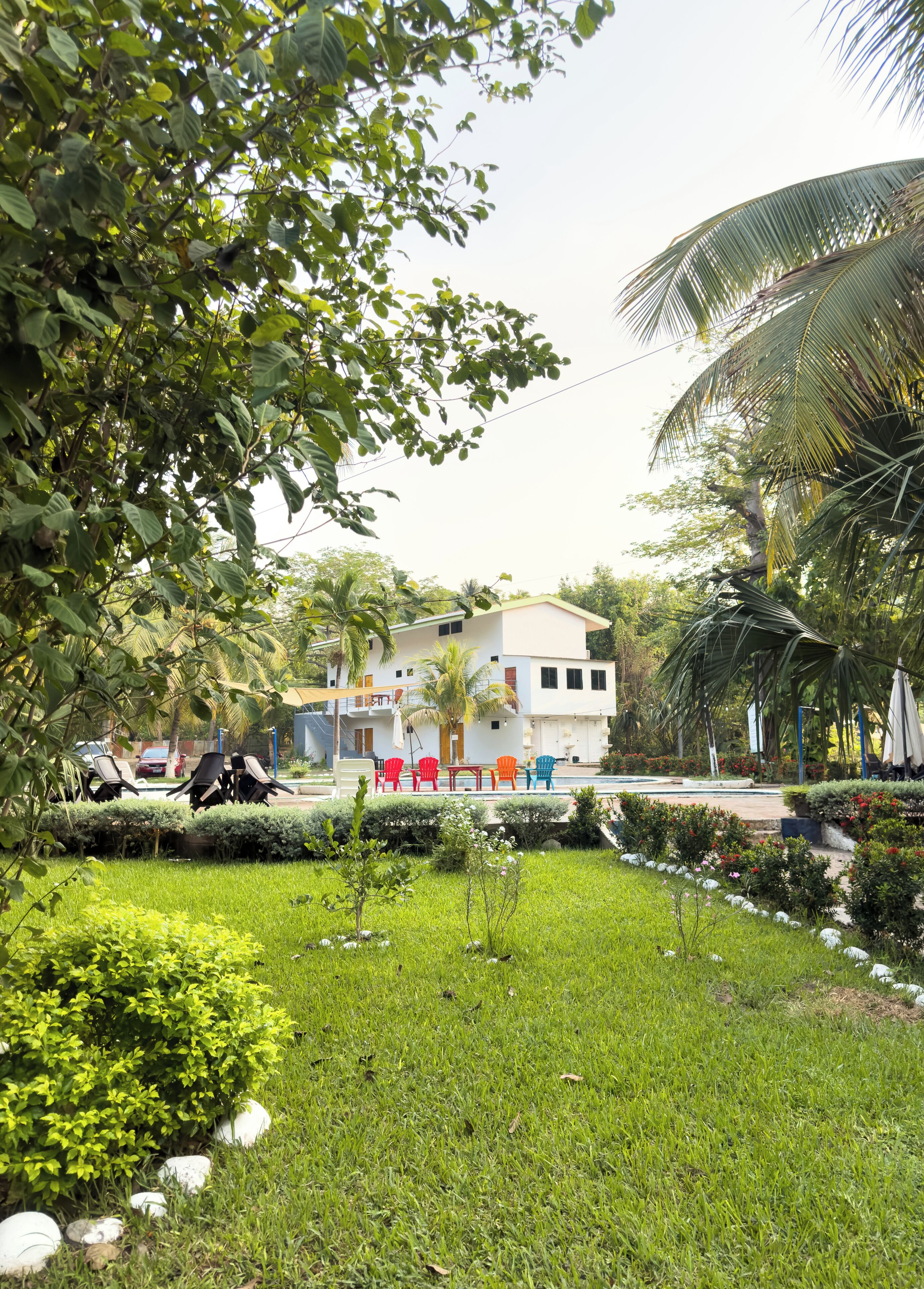 A modern building with a pool, surrounded by lush greenery and palm trees.