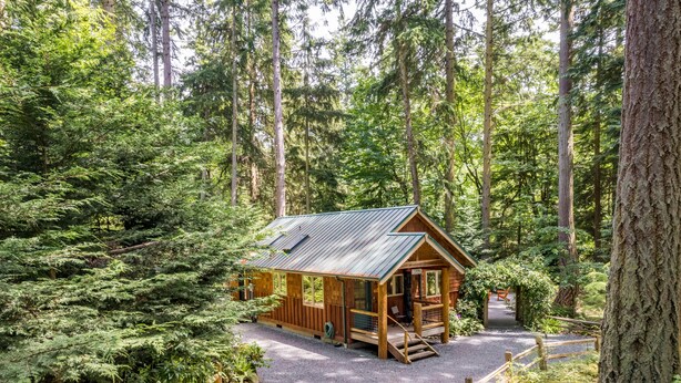 A wooden cabin with a metal roof, surrounded by dense forest. - The Cottage at Herons Roost by AvantStay (Langley)