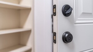 A white door with a keyhole and a lock. - Quick Drive To Ft. Jackson, King, Full Bath, (Columbia)