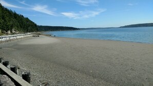 Ein Strand mit einer Betonbarriere, ruhigem Wasser und einem bewaldeten Hügel.