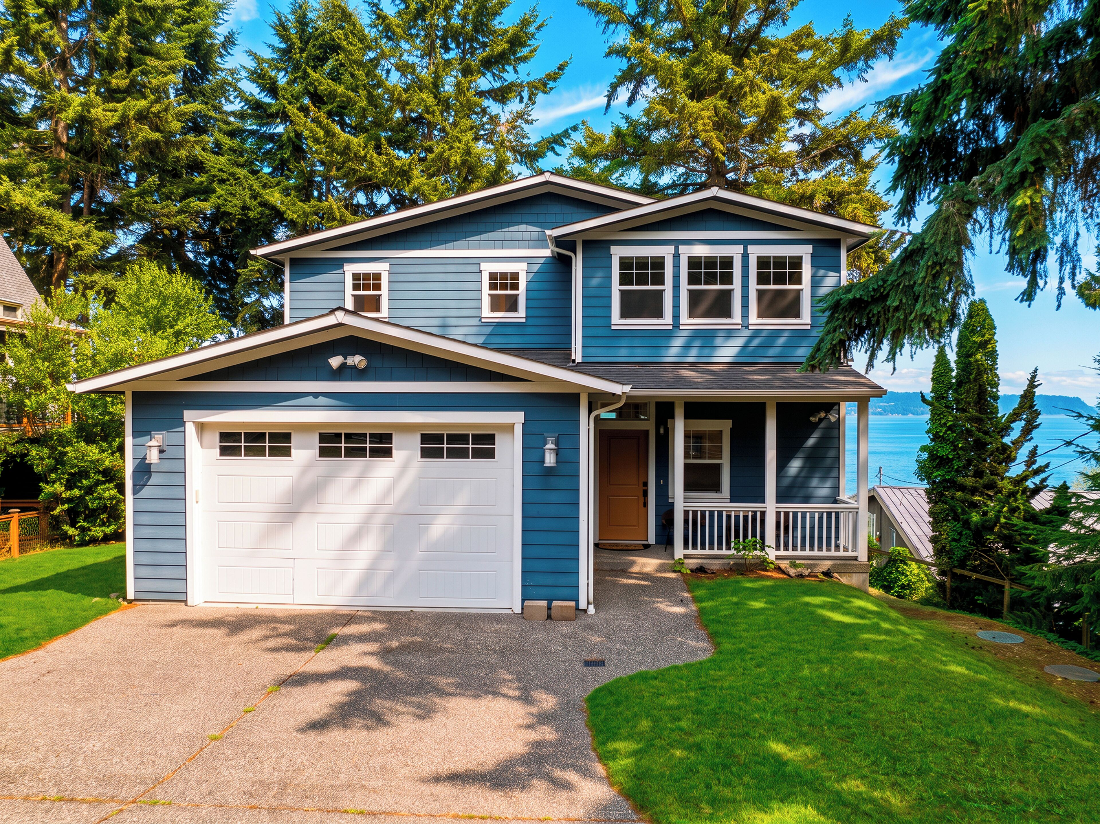 A two-story house with a garage, a porch, and a view of the ocean.