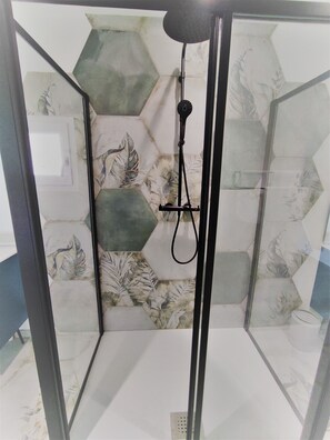 Regadera, tina de hidromasaje, secadora de cabello, toallas 