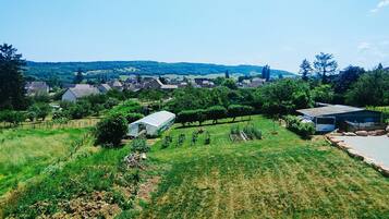Un paysage rural avec des maisons, des vignes et un ciel dégagé.