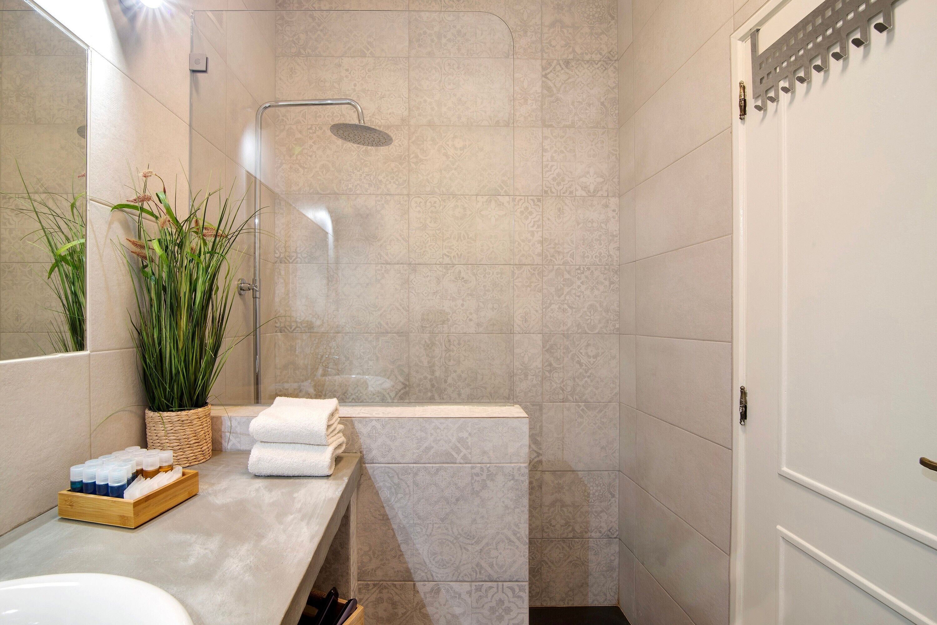 Shower, hair dryer, towels