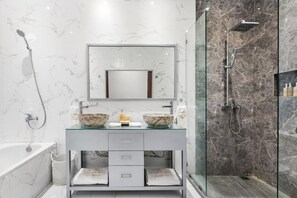 Shower, free toiletries, hair dryer, bathrobes