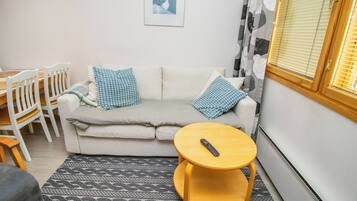 Un salon avec un canapé, deux coussins bleus, une table basse ronde en bois, une télécommande, un tapis à motifs et une fenêtre avec des stores.