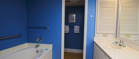 Un bagno con una vasca, un lavandino e uno specchio.