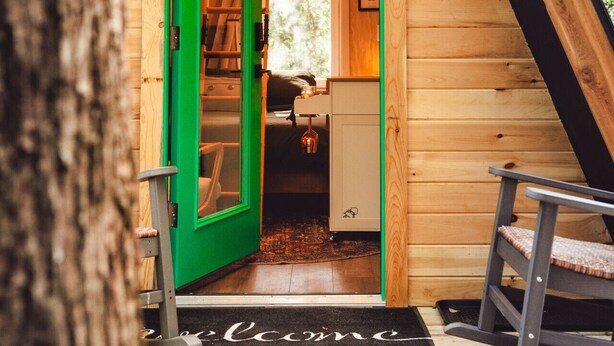 Une cabane en bois avec une porte verte, une échelle et un petit bureau avec une chaise.