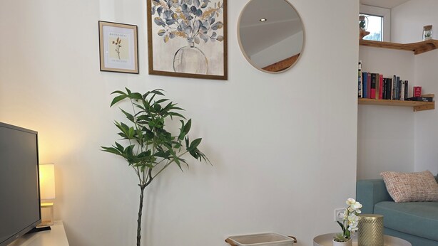 Un salon comprenant un téléviseur, deux poufs en tricot, une plante en pot, un miroir rond et une bibliothèque.