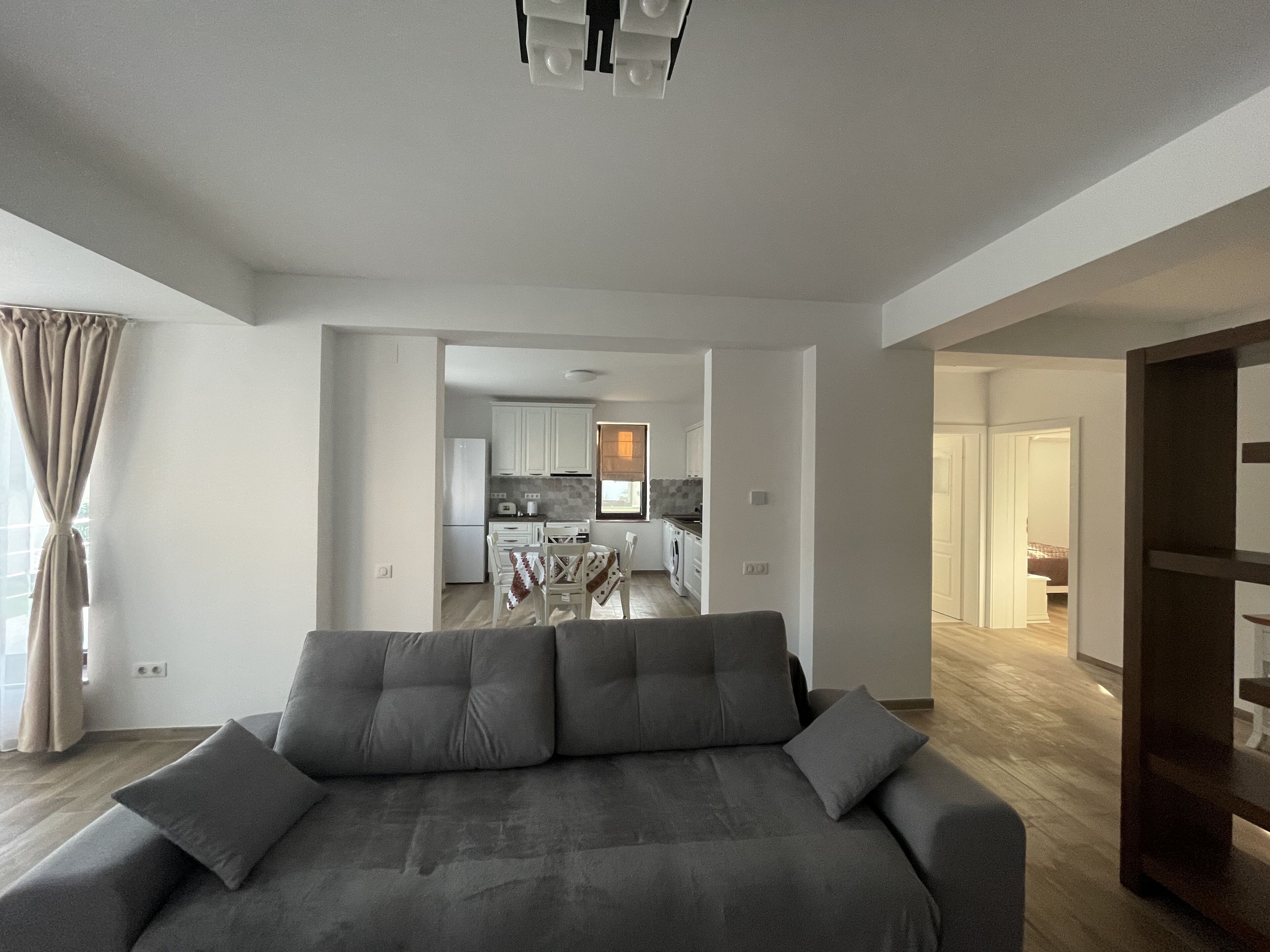 A modern living room with a grey sofa, a dining area, and a kitchen visible through an open doorway.