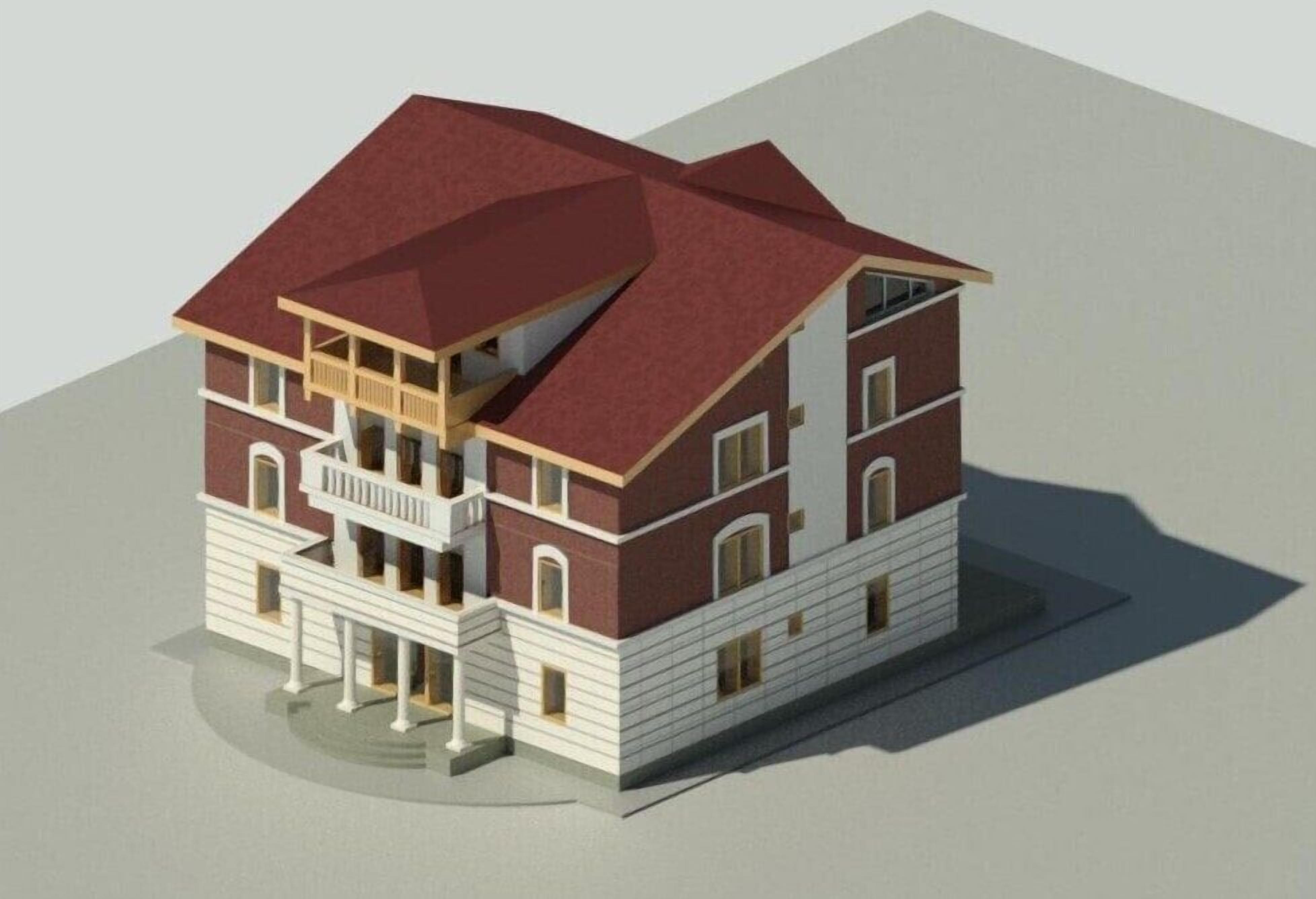 Un modelo tridimensional de un edificio de varios pisos con techo rojo, balcones y fachada simétrica.