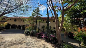 A courtyard with a building featuring arched windows and a red-tiled roof, surrounded by cacti and flowering plants. - Seaside Serenity; 2b/2b with Panoramic Terrace (Playas Del Coco)