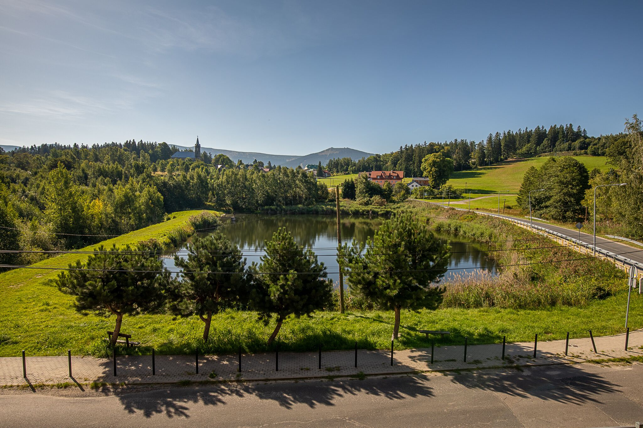 A serene lakeside view with a paved walkway, trees, and a distant building.