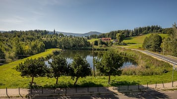 A serene lakeside view with a paved walkway, trees, and a distant building.