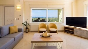TV, fireplace, offices - Villa Dimokratia - Private Pool, Sea View. (Chania)