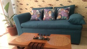 Un sofá azul con cojines estampados de colores, una mesa de centro de madera con dos individuales tejidos, y una planta en maceta.