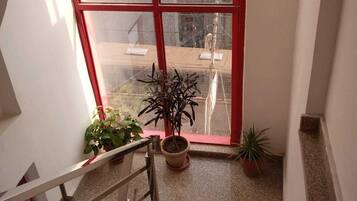 A staircase with a view of a street outside through large windows.