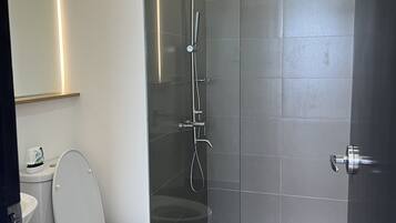 Hair dryer, bidet, towels, soap