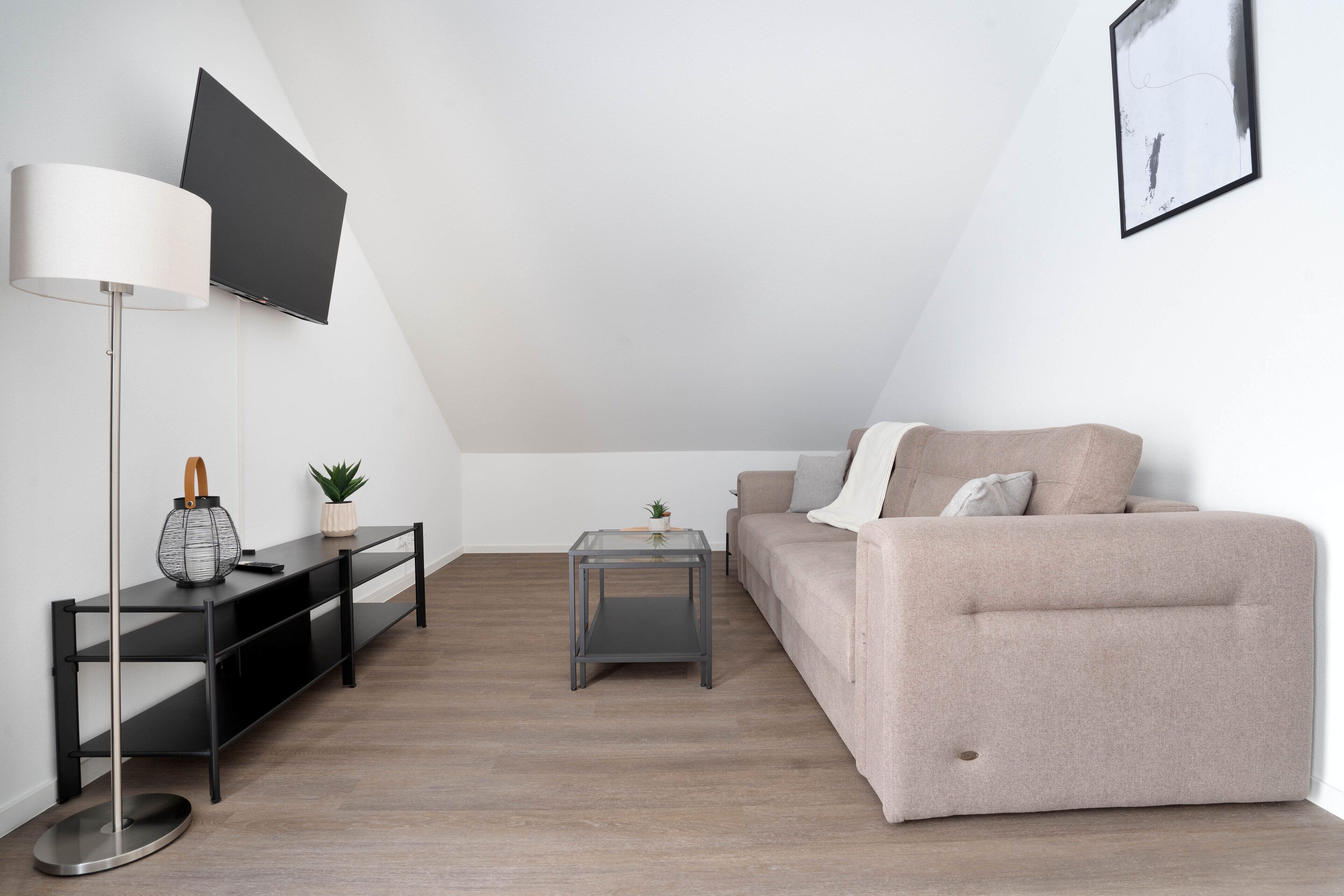 Een moderne woonkamer met een bank, een aan de muur bevestigde televisie, een vloerlamp en een klein bijzettafeltje met een plantje.