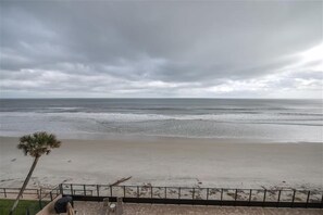 Blick auf einen Strand mit einer Palme und einer Person, die auf einem Stuhl sitzt.