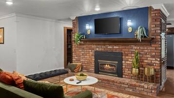 Smart TV, chimenea y libros