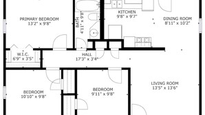 A floor plan of a house with a primary bedroom, two smaller bedrooms, a kitchen, a dining room, a living room, a bathroom, and a hall. - 5 minutes from Tech/UMC // book a quaint 3 bedroom home w/wifi and laundry (Lubbock)