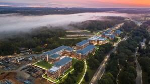 An aerial view of a campus with multiple brick buildings, roads, and a parking lot. - Spacious Retreat Near Lake Hartwell, Clemson & Greenville! (Anderson)