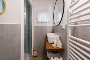 Apartamento design | Banheiro | Chuveiro, secador de cabelo, toalhas de banho, papel higiênico