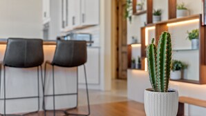 Una cocina moderna con dos sillas negras, un armario blanco y una planta de cactus en una maceta texturizada.