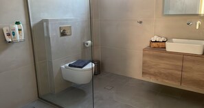 Un bagno moderno con doccia vetrata, un water bianco e un mobile bagno in legno con lavabo e spazio per asciugamani.