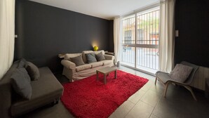 A living room with a sofa, a chair, a coffee table, and a red rug.