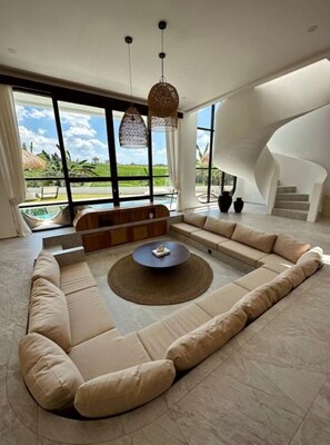 Smart-tv, bøger, stereoanlæg