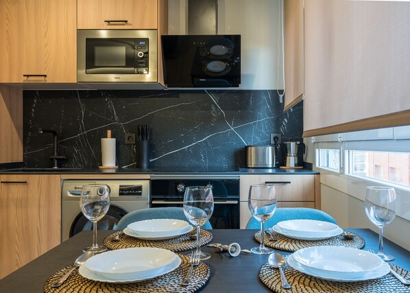 Fridge, microwave, oven, electric kettle