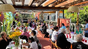 Un área de comedor al aire libre con mesas y sillas, rodeada de follaje y elementos arquitectónicos.