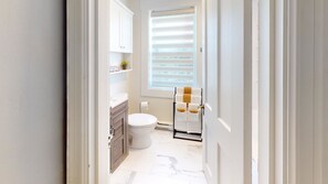 Hair dryer, towels, soap, shampoo