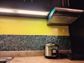Fridge, microwave, stovetop, electric kettle