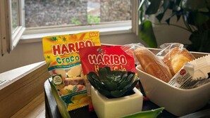 Un plateau avec des en-cas et une plante près d’une fenêtre donnant sur un immeuble.