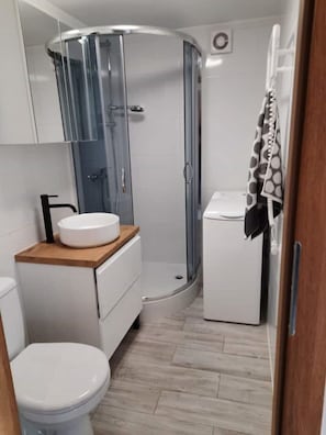 Hair dryer, towels, soap, toilet paper