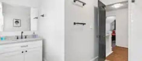 Hair dryer, towels, soap, toilet paper