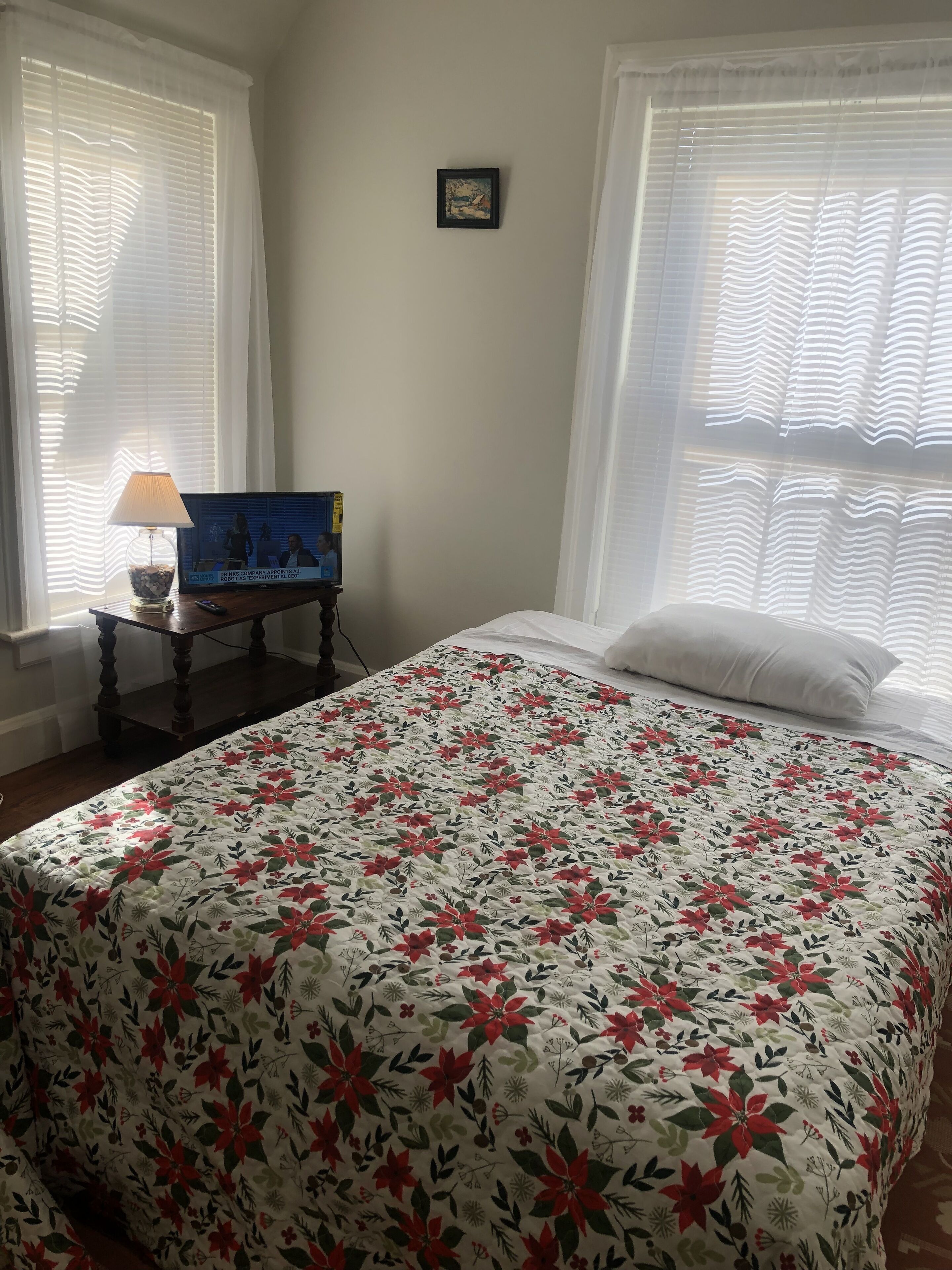 Un dormitorio con una colcha estampada, un televisor sobre una mesa de madera y un cuadro en la pared.