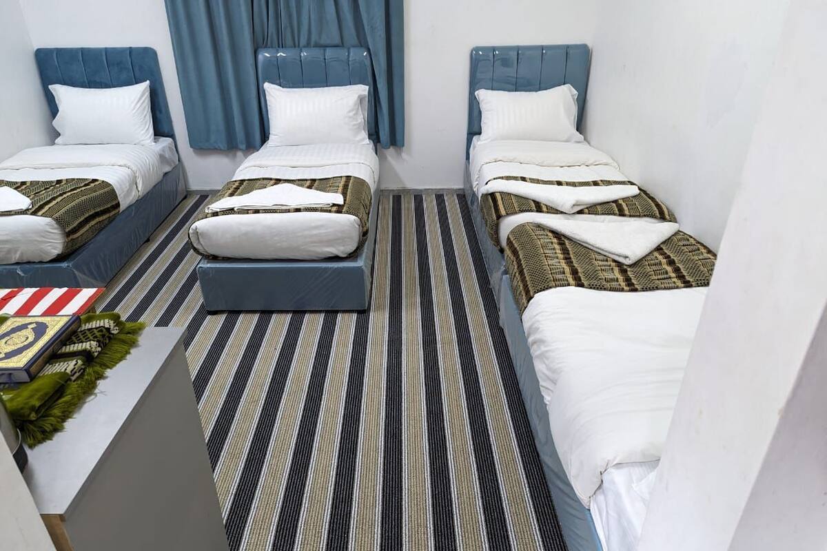 A room with two beds, each with a blue headboard and white bedding. There is a striped carpet on the floor and a small table with a book and a plant.