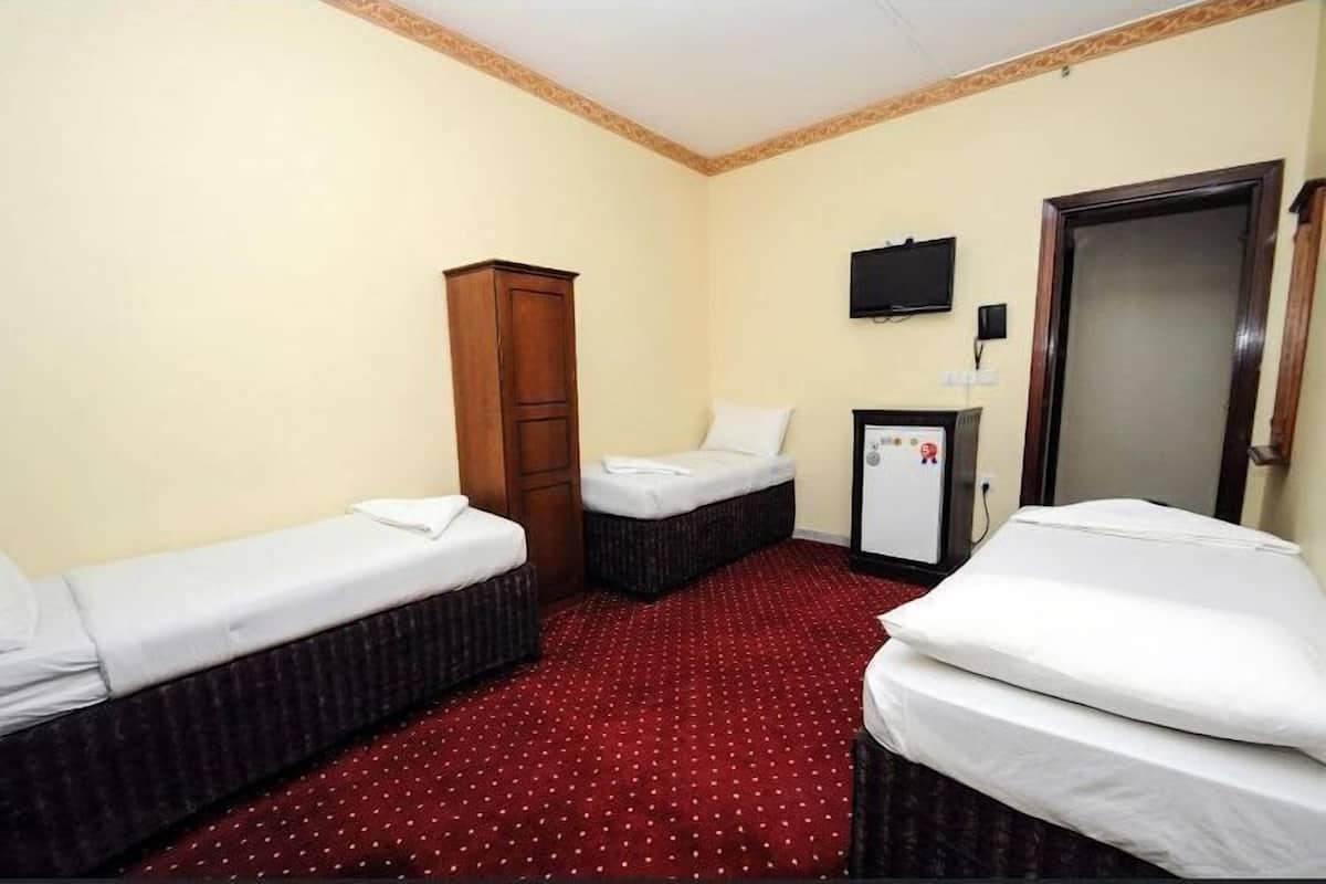 A hotel room with two single beds, a wooden wardrobe, a television, and a red carpeted floor.