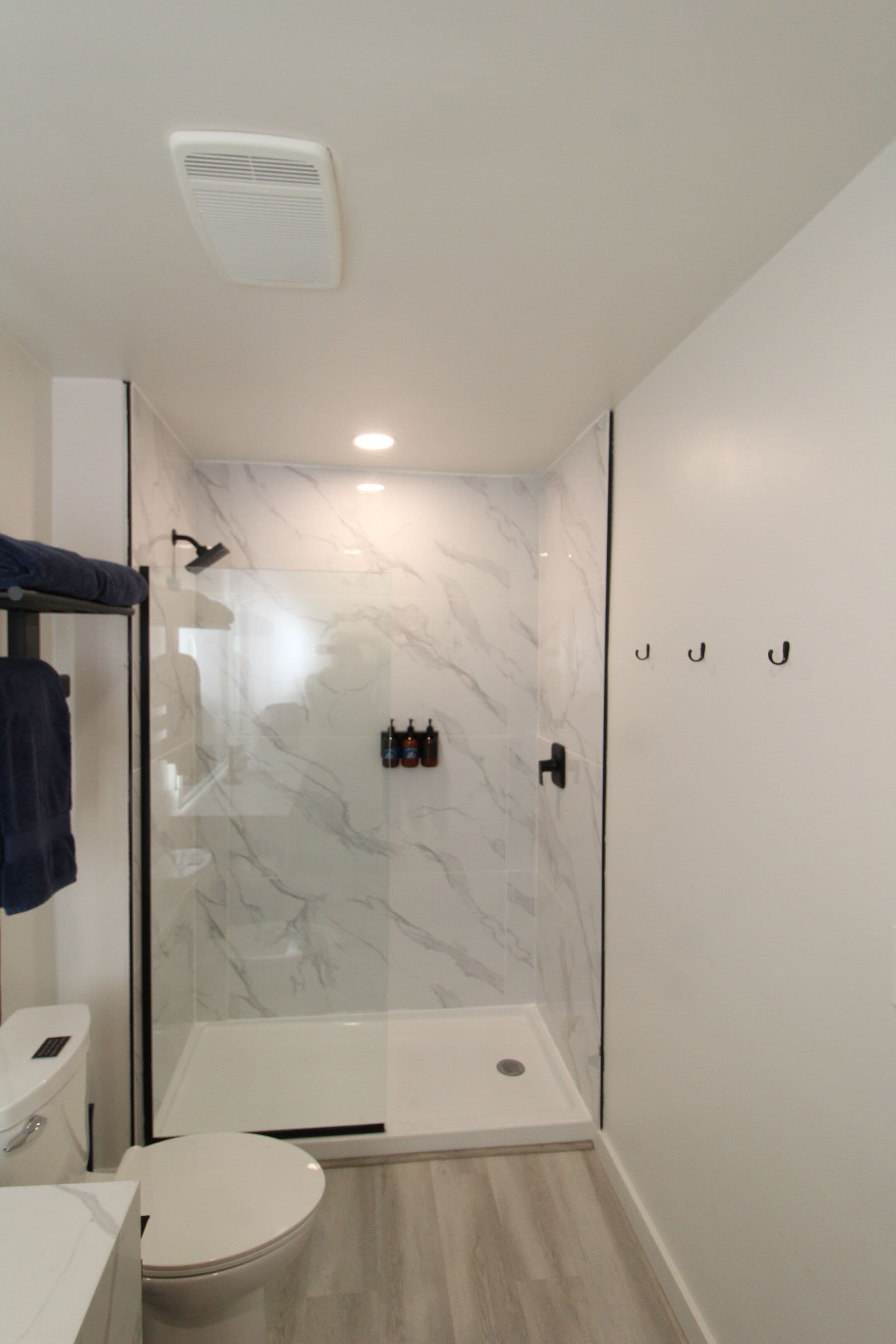 A modern bathroom with a glass shower enclosure, a toilet, and a sink.